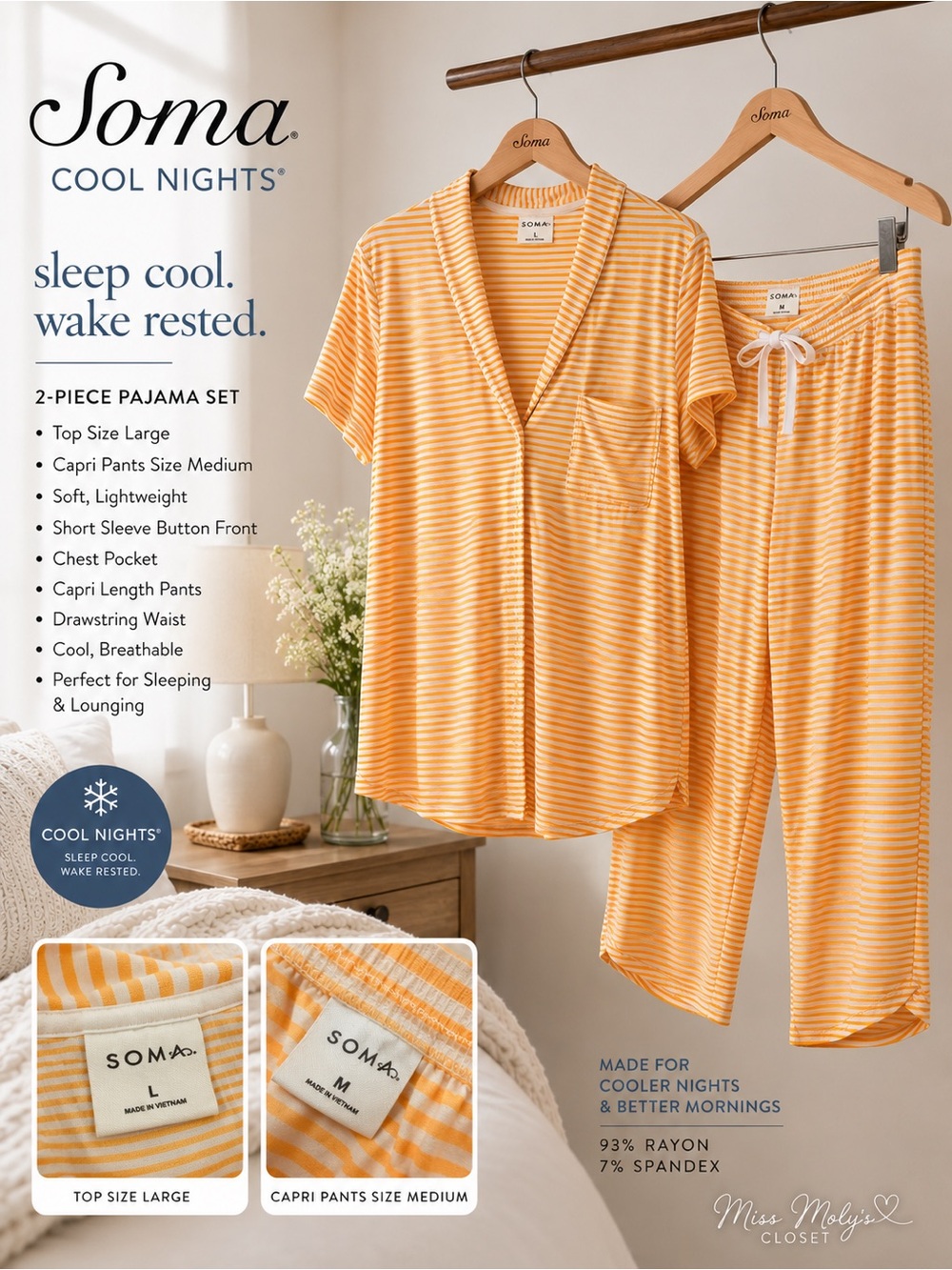 Soma Cool Nights Orange Stripe Pajama Set Top L Capri Pants M